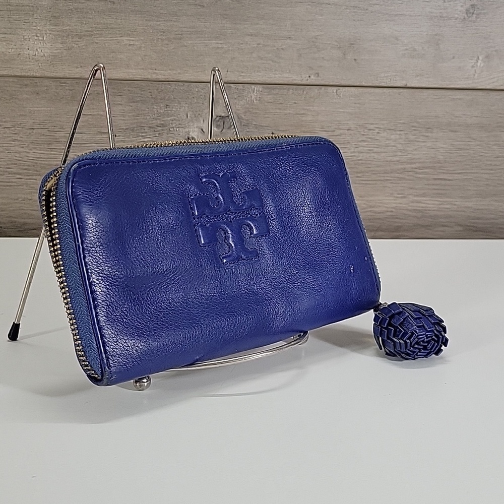 Tory Burch Royal Blue Leather Zip-Around Wallet with Tassel Pull - Picture 2 of 12
